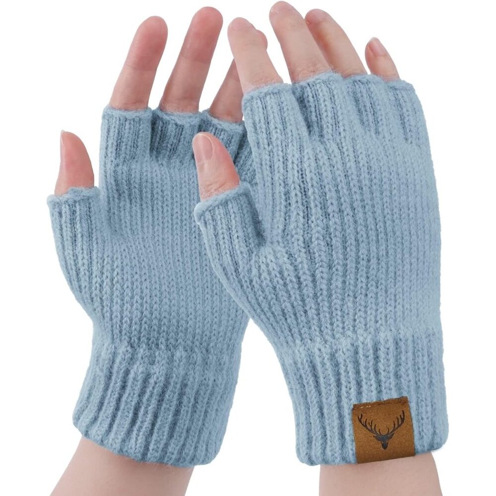 Women's Pure-Blue Half Fingers Fingerless Cozy Lining Knitted Mittens Gloves
